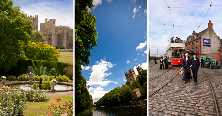 Raby Castle, Beamish Museum and Durham Cathedral.